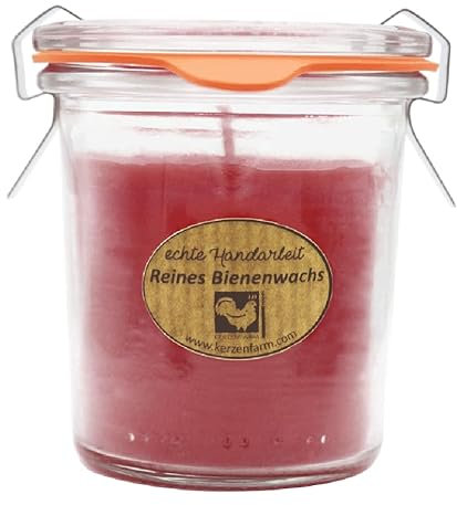 luterna Bienenwachskerze im original Weckglas®, 100% reines Bienenwachs, Dunkelrot, KERZENFARM HAHN, 75/70 mm, 140 ml, Brenndauer ca. 17,5h
