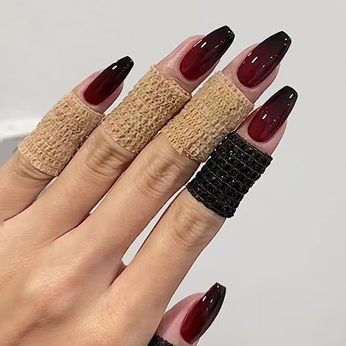 Press on Nails Court,Ballerine Rouge Noir Gradient Halloween Faux ongles artificiels avec colle à ongles,Red Black Ombre Ongles artificiels