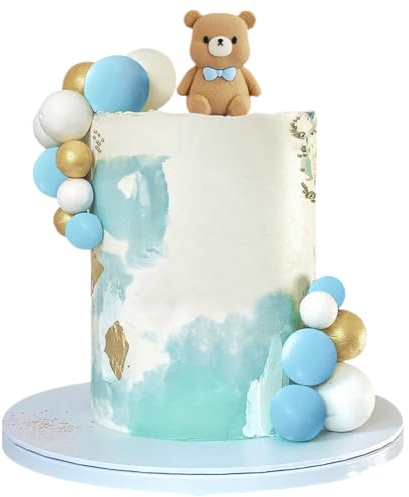 NyaSaa Bear Cake Toppers - 21 PCS Blue Teddy Bear Cake Decoration with Gold Blue White Pearl Ball Baby Welcome & Birthday Party Teddy Bear Decoration