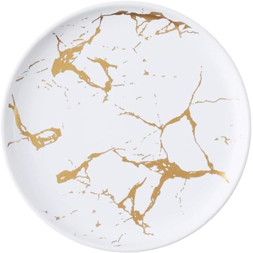 FülleMore Keramik Essteller Gold Marmor Speiseteller Frühstücksteller Rund Snackteller Steakteller Pizzateller Pastateller Servierteller für Salat Pasta Kuchen Dessert (Weiß, 25.4cm)