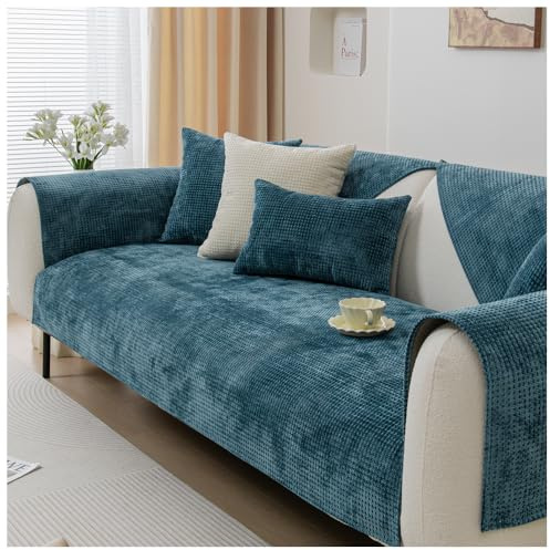 NUODWELL Weicher Chenille-Sofabezug für 1/2/3/4 Sitzer, universelle rutschfeste L-Form, Couchbezug, dicker Sofaschoner, gesteppte Eckenschonbezüge, waschbar für Wohnzimmer (Blau-B, 70 x 150 cm)