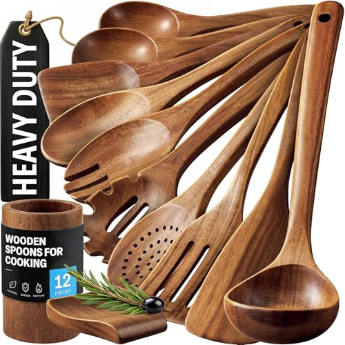 Zulay Kitchen Kochlöffel Holz Set aus Teak - Holzlöffel zum Kochen, Holzkochlöffel, Holzkochlöffel Klein | Küchenutensilien Holz Kochlöffel Premium Qualität, Wooden Spoons Kuchenhelfer, Set 12