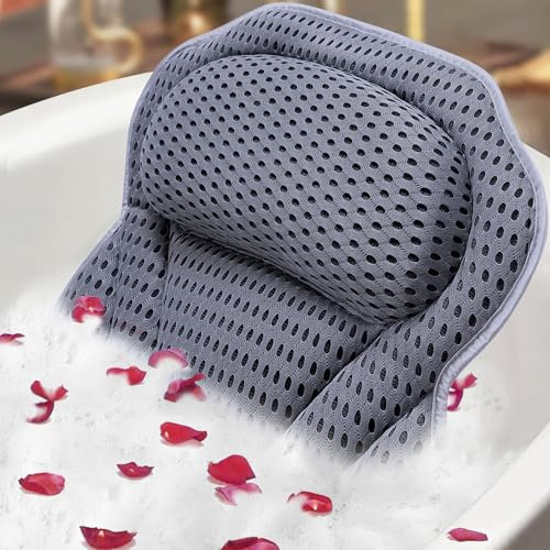 ADOV Almohada de Baño, Lujo Ergonómico Cojín Baño con 6 Ventosas Antideslizantes, Suave Cómoda Bañera Reposacabezas con Malla Aire 3D Soporte para Espalda Hombros y Cuello para Jacuzzi SPA (Gris)