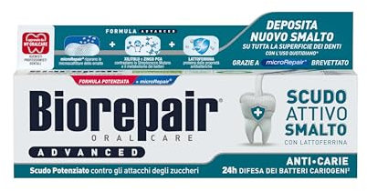 Biorepair, Advanced Zahnpasta mit aktivem Schild gegen Karie, 12 Packungen à 75 ml, gegen Milben und Bakterien, bekämpft Plaque und Karie, schützt den Lack vor bakterieller Aggression