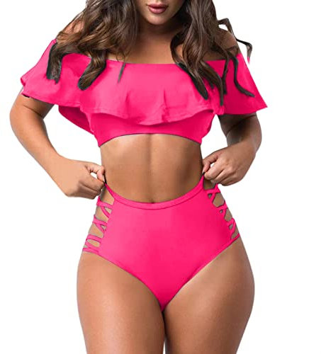 KBOPLEMQ Bikini Women's Large Sizes Tummy Control High Waist Ruffle Sleeves Two Piece Off Shoulder Top Swimsuit Tankini Women's Tummy Control Bikini Set Two Piece Swimwear Ruffle Swimsuit, O Hot Pink,