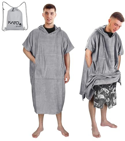Kato Tirrinia Surf Poncho Umziehhilfe Strand für Damen Herren, Mikrofaser Badeponcho mit Kapuze & Tasche, Handtuch Poncho als Umziehhilfe für Surfer Schwimmen Camping Sauna Baden, Grau