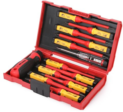 Hurricane 13 Piece 1000V Insulated Electrician Screwdriver Set, Cr-V Magnetic Tip. 4 Slotted, 2 Phillips, 2 Pozidriv, 3 Torx, 1 Electroprobe, and 1 Handle. Ideal for Professional & Home Repair