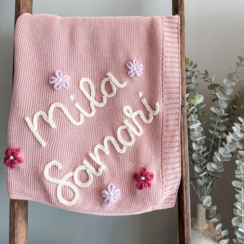HERSTL Individuelle Handgefertigte Strickdecke Aus Baumwolle, Personalisiert, Bestickter Name, Baby Junge, Baby Mädchen, Weiche Decke, Babyparty, Atmungsaktive Kinderwagendecke(Pink)