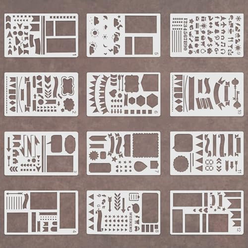 12 Stück Bullet Journal Schablonen Stencils Set Malen Schablone DIY Tagebuch Zeichenschablonen Wiederverwendbare Zubehör Malschablonen für Notizbuch Scrapbook Journal Kinder Home Dekoration
