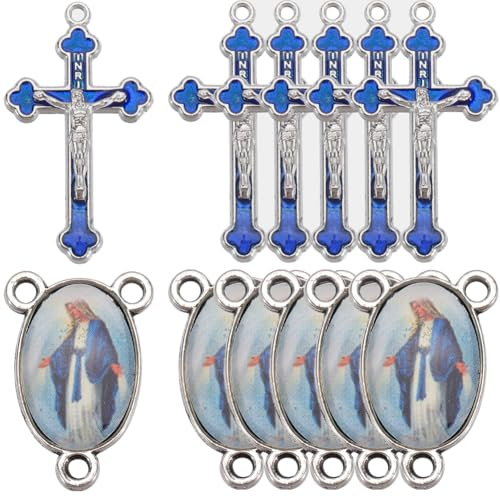 SUNNYCLUE 1 Schachtel 20 Stück Rosenkranz Anhänger Kreuz Anhänger Kruzifix Antik Silber Blaue Emaille Oval Oster Im Tibetischen Stil Zur Schmuckherstellung DIY Basteln von Halsketten