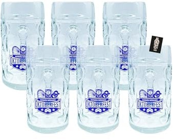 Hofbräu München 6er-Set Oktoberfest Bierkrug Glas Krug mit Henkel geeicht (1L) inkl. Mixcompany Postkarte
