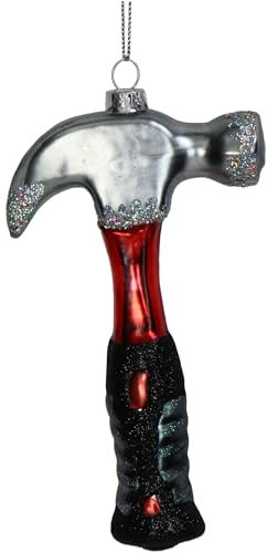 Christbaumschmuck Glas 13,3cm - Hammer Figur zum Aufhängen - handbemalt & mit Glitzer - Weihnachtsbaum Anhänger für Weihnachten - Christbaumanhänger & Weihnachtsbaumschmuck - Werkzeug Rot Silber