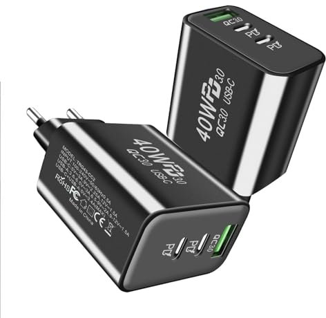 Cargador rápido USB C - Enchufe súper Cargador de 3 Puertos de 40 W | Adaptador de Corriente PD incombustible, Enchufe de Carga Tipo C con múltiples Puertos USB para Viajes de Negocios, Uso