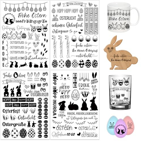 4 Stück A5 Rub On Sticker Ostern, 21x14cm Transferaufkleber Selbstklebend Frohe Ostern Sticker, Ostern Sticker Ostereier Osterhasen Rub Ons Sprüche für Glas Holz Möbel Scrapbooking