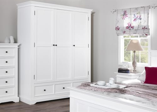 Gainsborough Triple Wardrobe | 3 Doors, 3 Adjustable Shelves, 2 Hanging Rails, 3 Drawers | Sturdy White Bedroom Furniture Storage (antique brass handles)