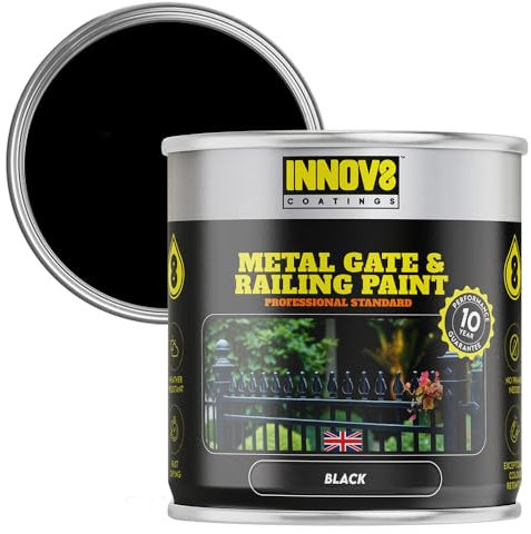 INNOV8 COATINGS Metal Gate & Railing Paint - 750 ml - Fast Drying - Interior & Exterior - Satin Finish - BLACK - 10 Year Guarantee