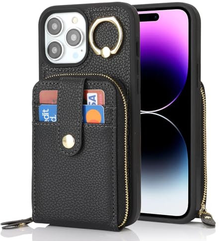 SailorTech for iPhone 11 Pro Max Case Ring Stand with Credit Card Holder for Women, Phone Case for iPhone 11 Pro Max Leather Case Wallet with Credit Card Slots Zipper Case-Black