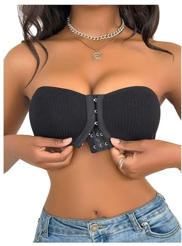 GORGLITTER Women's Strapless Bandeau Bras Wireless Front Fastening Push Up Seamless Comfy Bralettes for Tube Dresses Black Medium