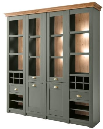 Furn.Design Buffetschrank in grün und Wotan Eiche, großer Landhaus Vitrinenschrank mit Weinregal 194 x 207 cm, Norwich
