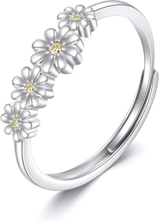 ONEFINITY Gänseblümchen Ring S925 Sterlingsilber „You Are My Sunshine“ Gänseblümchen verstellbarer Ring Blumenschmuck für Damen Größe 7