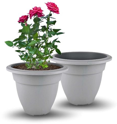 UNIQUE HOME LIVING 20cm Plastic Plant Pots Set of 2 Flower Pot with Drainage Holes, Bell Shaped Pot Indoor Outdoor Plant Pots for Flowers and Household Plants, Modern Decorative Planters - Grey