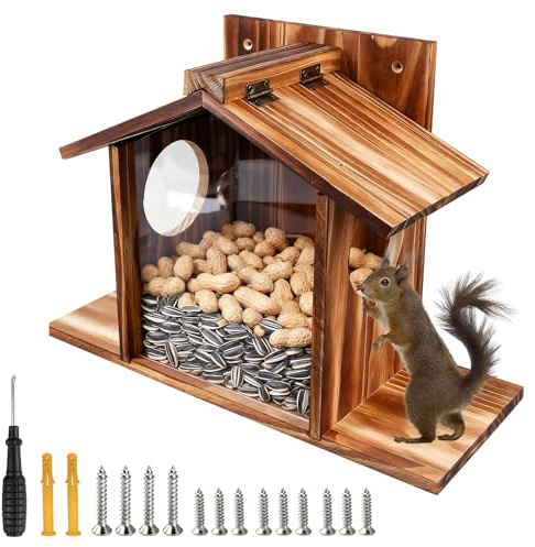 Eichhörnchen Futterhaus aus Holz, Eichhörnchen Futterstation, Eichhörnchen Haus Wetterfest, Eichhörnchenfutterstation Mit 2 Eingänge & Sitzplattformen, Eichhörnchenhaus für Eichhörnchenfutter