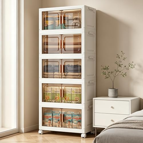 Portable Wardrobe, 5-Tier Stackable Storage Cabinet Drawers on Wheels | Plastic Storage Unit, Collapsible Storage Bins with Magnetic Doors, Foldable Organiser for Bedroom, Kitchen, Bathroom