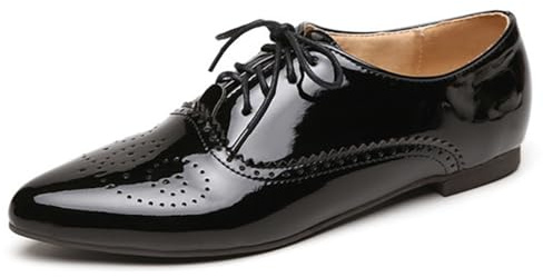 Qynthra Zapatos Oxford Hueco para Mujer Brogues Punta De ala Planos Piel Sintética Cordones Estilo Vintage Elegante Cómodos para Oficina Y Diario,Negro,44 EU