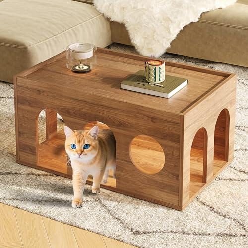 FammyLoft Couchtisch mit Katzenlöchern, Haustierfreundlicher Nussbaum-Coffee Table, Wohnzimmertisch, Perfekt für Modernes Wohnzimmer und Menschen-Tier-Interaktion, 80 * 50 * 40 cm