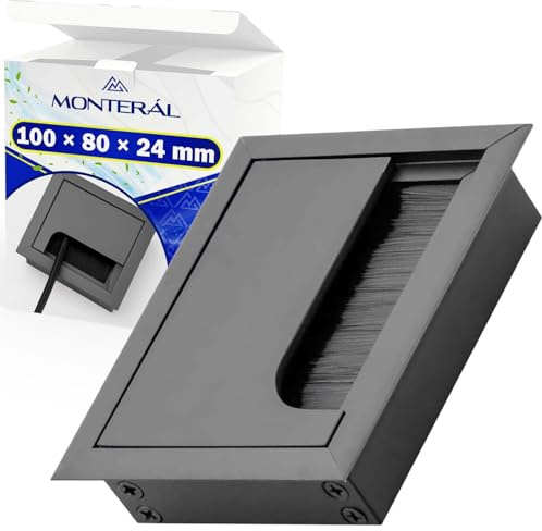 Tapa Pasacables Escritorio 100 x 80 mm H24 mm Color Negro | Pasacables Mesa Escritorio con Cepillo - Garantía de 10 Años - MONTERAL