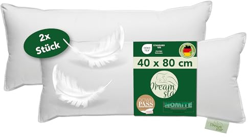 DREAMSTAR Daunenkissen 40 x 80 cm [2er Set] | 3-Kammer Daunenkopfkissen | Kopfkissen 40 x 80 Daunen & Federn | Kissen Öko-TEX®| Top Hotelqualität | Allergiker geeignet