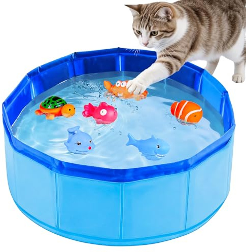 EKKONG Katzenpool mit Fischen, 30x10cm Faltbarer Katzen Pool mit 6 Spielzeug Tierchen, Katzenplanschbecken, Wasser Pool für Katze, Tragbares Katze Hundepool, Mini Pool für Katzen Hunde Spielen Sommer