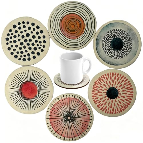 6-Piece Wooden Coasters Set, Round Boho Mats for Coffee and Tea | Vintage Round Design– Wooden Tea Coasters help reduce surface marks from mugs, cups and glasses