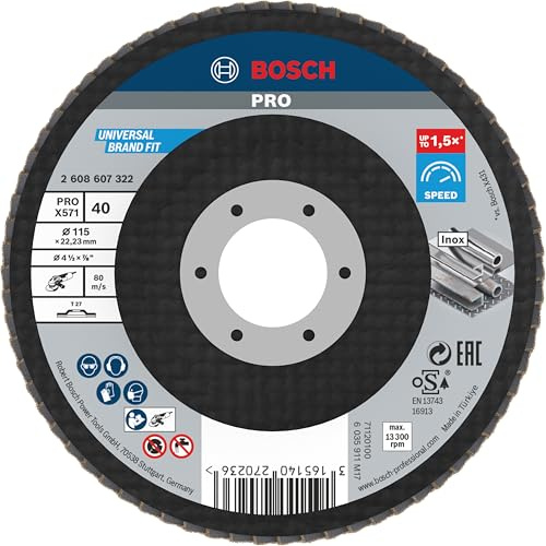 Bosch PRO X571 Fächerschleifscheibe, gerade, 115 mm, K40 | für Stahl, Edelstahl, Körnung 40, Professional Zubehör Kleiner Winkelschleifer