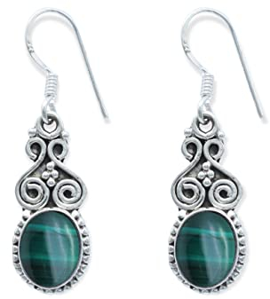 Ohrringe 925 Silber Malachit grüner gestreifter Stein Edelstein Ohrhänger echt Silber Damen Sterling Silber Hänger Geschenk (MOH-077-10)