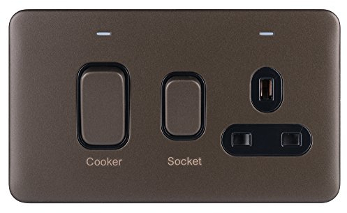 Schneider Electric Lisse Screwless Deco - Switched Cooker Control Unit with 13 A Single Socket and Neon Indicator, 45 A, GGBL4001BMB, Mocha Bronze with Black Insert