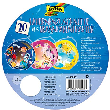 folia 682001 - Laternenzuschnitte aus Transparentpapier 115g/m² für Rundlaternenrohlinge, Ø 16,8 cm, 20 Stück, zum Basteln von individuellen Laternen