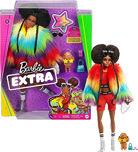 Barbie GVR04 - Extra Puppe, kuscheliger Regenbogen-Mantel mit Pudel, brünetten Afro-Puffs und geflochtenen Zöpfen, mehrschichtigem Outfit,bewegliche Gelenke, Geschenk für Kinder ab 3 Jahren