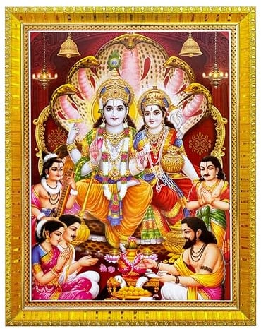 Koshtak Vishnu laxmi ji mit Shehnag Bilderrahmen mit laminiertem Poster für Puja-Zimmer, Tempelanbetung/Wandbehang/Geschenk/Heimdekoration (30 x 23 cm), Laminierfolie, Kunstholz, Goldener Rahmen