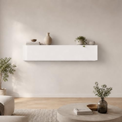 Dmora Wandschrank, Made in Italy, mit Klapptür, Hängende Wohnzimmermöbel, 180x30h40 cm, glänzend weiße Farbe
