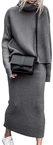 Minetom Damen Strickkleid Zweiteiliger Anzug Pullover Oberteil und Midi Strickrock Bodycon 2 Stück Set Winter Strick Kleid Rollkragen Pulloverkleid B Grau S