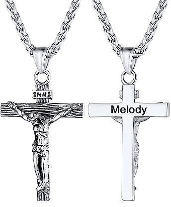 U7 Edelstahl Kreuz Halskette INRI Kruzifix Jesus Christus Anhänger Personalisierte Herren Name Vorname Gravur Modeschmuck 55cm Weizenkette Accessoire für Männer, Silber