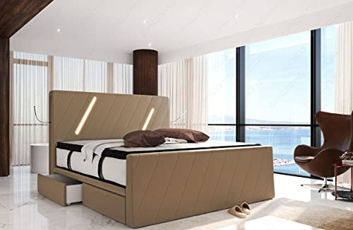 Sofa Dreams Boxspringbett Toulon Lederbett Gestell in Leder mit Hotelmatratze Stauraum LED Licht 140x200 160x200 180x200 200x200 200x220 (200 x 220 cm, Sandbeige)