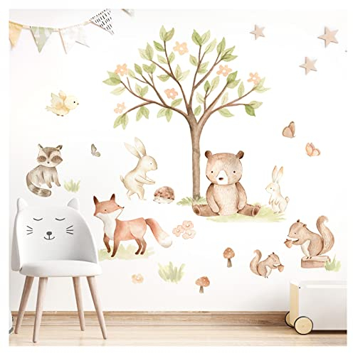 Grandora Waldtiere Wandsticker für Kinderzimmer Wandtattoo Bär Fuchs Baum Babyzimmer Wandaufkleber Deko DL853-2