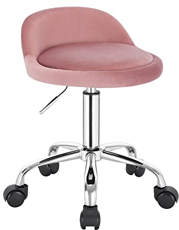 WOLTU Hocker Schminktisch, Bürohocker mit Rollen, Schminktisch Stuhl höhenverstellbar, Drehstuhl für Ankleidezimmer, Schlafzimmer, Samt, Rosa BS127rs