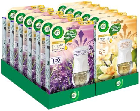 Airwick Kit Diffusore Elettrico di Oli Essenziali, Confezione da 12 Kit (Gadget e Ricarica), Profumatore per Ambienti Elettrico, 6 alla Fragranza di Lavanda, 6 Vaniglia