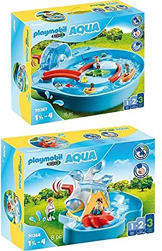 PLAYMOBIL Bundle 1.2.3 70267 Fröhliche Wasserbahn mit Kurbel für den Wasserstrudel, ab 1,5 Jahren 1.2.3 70268 Wasserrad mit Karussell zum Antrieb des Wassers, ab 1,5 Jahren