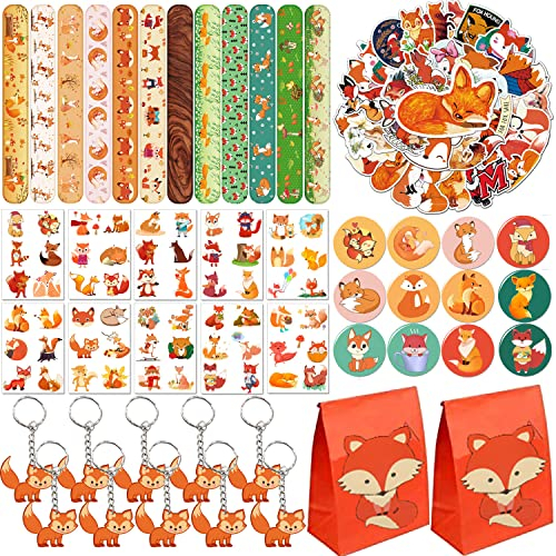 Fuchs-Partygeschenke, 110 Stück Fuchs-Thema, Slap-Armbänder, Aufkleber, Schlüsselanhänger, Abzeichen, temporäre Tattoos, Geschenktüten für Kinder, Waldtiere, Fuchs-Geburtstagsparty