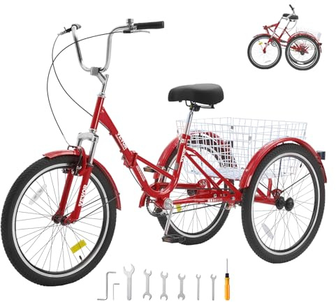 VEVOR Folding Adult Tricycle, 24-Inch Adult Folding Trikes, Carbon Steel 3 Wheel Cruiser Bike with Large Basket & Adjustable Seat, Shopping Picnic Foldable Tricycles for Women, Men, Seniors (Red)