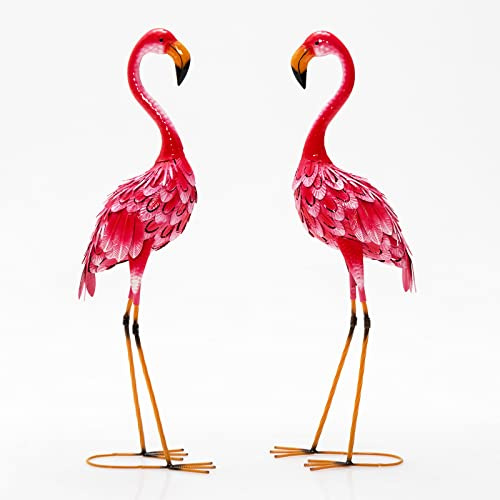 RELAX4LIFE Statue Flamant Rose Lot de 2 avec Cadre Métallique | Décoration Jardin Extérieur avec Surface Antirouille pour Maison, Cour, Terrasse, Patio (Style 1)